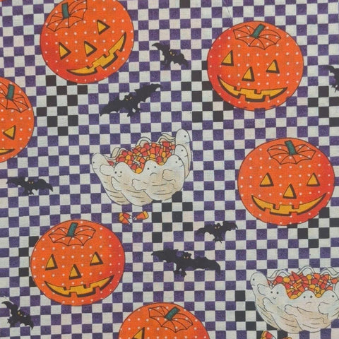 White and Purple Checked Fabric / Tossed Pumpkin, Bat, Ghost Print