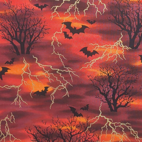 TexStyles - Red, Purple, Orange Fabric / Black Bat, Tree / Gold Metallic Foil Lightning Print