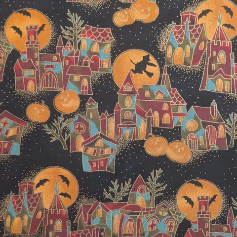 Boo by Hoffman International Fabrics - Black Fabric / Gold Metallic Dot / Castle, Witch, Jack-O-Latern Print