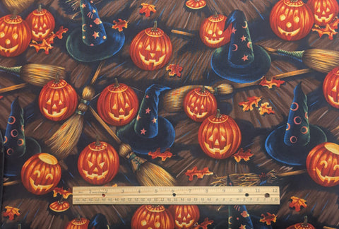 Bell Knobs & Broomsticks Alexander Henry Fabrics Collection 1998 - Indigo Fabric / Witch Hat, Broomstick, Jack-O-Lantern Print