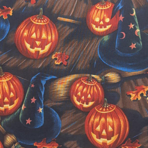 Bell Knobs & Broomsticks Alexander Henry Fabrics Collection 1998 - Indigo Fabric / Witch Hat, Broomstick, Jack-O-Lantern Print