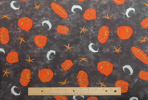 For the Holidays Patrick Lose for Moda - Charcoal and Gray Tonal Fabric / Tossed Jack-O-Lantern, White Moon, Dark Gold Star Print