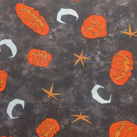 For the Holidays Patrick Lose for Moda - Charcoal and Gray Tonal Fabric / Tossed Jack-O-Lantern, White Moon, Dark Gold Star Print