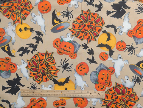 VIP Cranston Print Works - Tan 60" WIDE Fabric / Tossed Halloween Bow, Bat, Ghost, Jack-O-Lantern, Spider, Witch Print