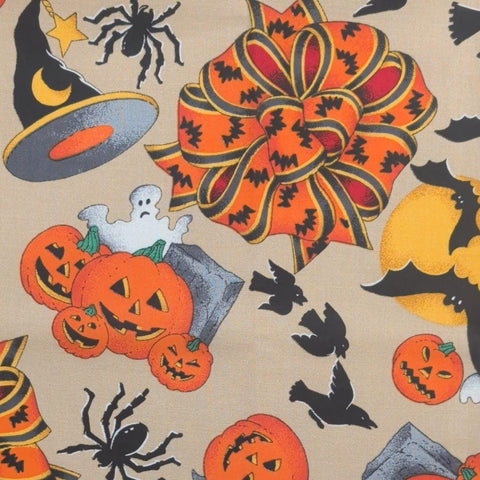 VIP Cranston Print Works - Tan 60" WIDE Fabric / Tossed Halloween Bow, Bat, Ghost, Jack-O-Lantern, Spider, Witch Print