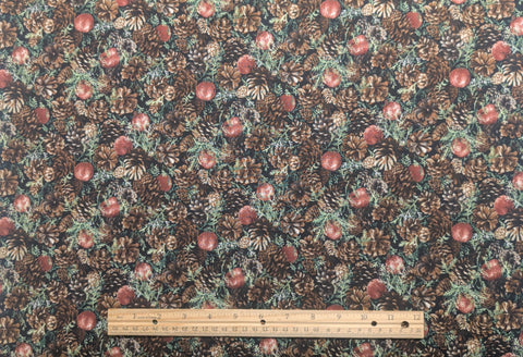 Seasonal Prints by RJR Fashion Fabrics - Black Fabric / Packed Pinecone and Apple Print