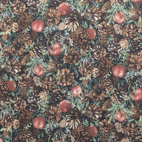 Seasonal Prints by RJR Fashion Fabrics - Black Fabric / Packed Pinecone and Apple Print