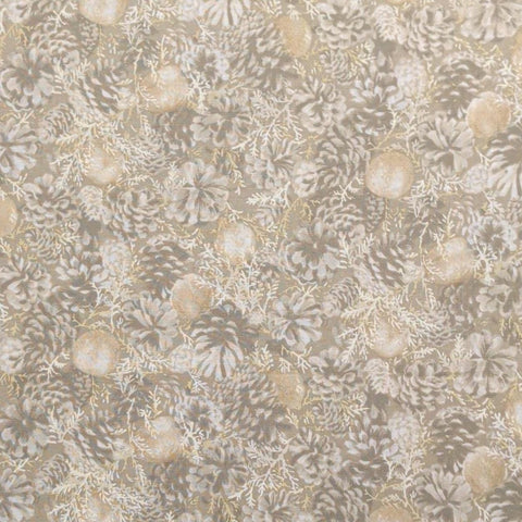 Seasonal Prints by RJR Fashion Fabrics - Golden Tan Fabric / White, Tan, Gold Tossed Pinecone and Apple Silhouette Print