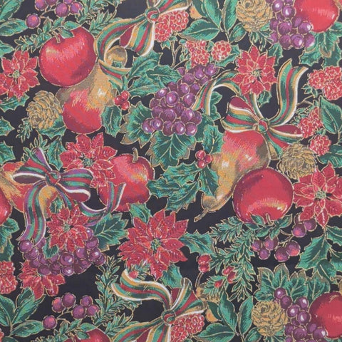 Black Fabric / Poinsettia, Holly, Fruit, Ribbon Print