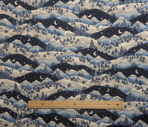 The Kesslers for Concord Fabrics Inc - Blue and White Winter Mountain Scene Fabric / Silver Metallic Accents