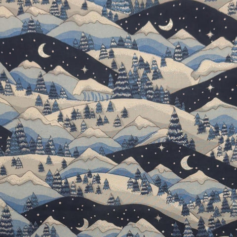 The Kesslers for Concord Fabrics Inc - Blue and White Winter Mountain Scene Fabric / Silver Metallic Accents