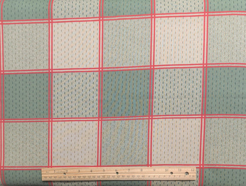 Tan, Green Tonal Block Print Fabric / Red Sashing Print