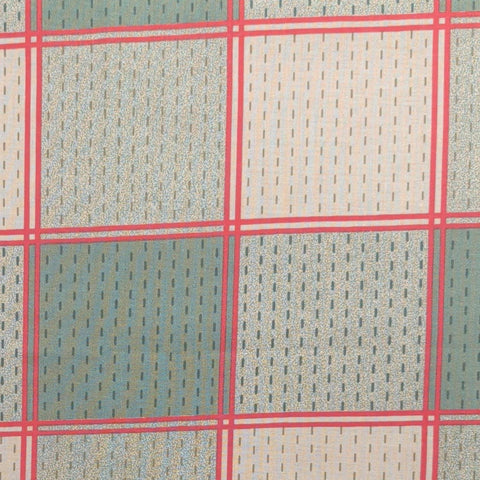 Tan, Green Tonal Block Print Fabric / Red Sashing Print