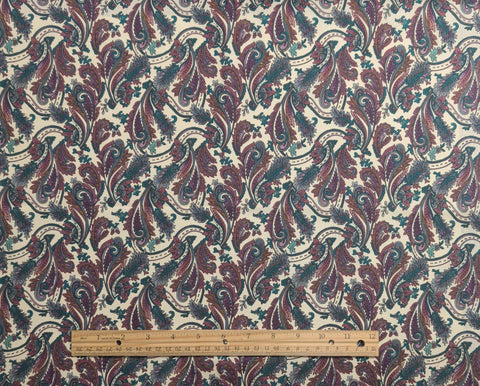 Wood Block Prints Hoffman International Fabrics - White Fabric / Teal, Burgundy Packed Paisley Print