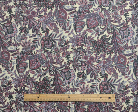 Canterbury Manor Hoffman International Fabrics - White Fabric / Burgundy, Purple, Gray, Green Mosaic Flower, Vine Print