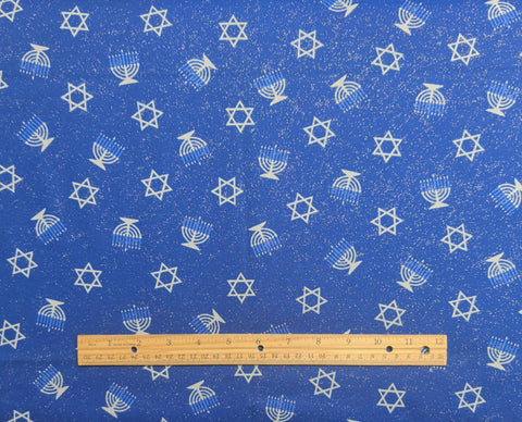 Blue Fabric / Pale Gray Star of David, Menorah with Silver Glitter Frost - Selvage to Selvage Print