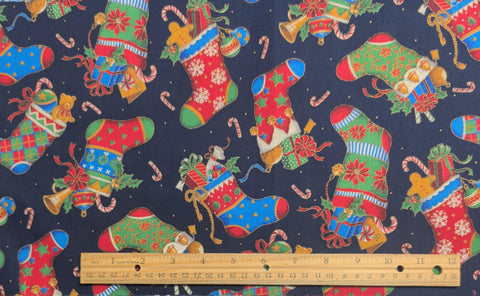 Navy Fabric / Red, Green, Blue Tossed Christmas Stocking Print