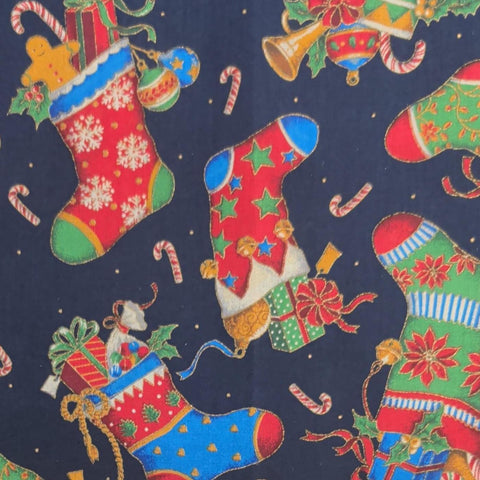 Navy Fabric / Red, Green, Blue Tossed Christmas Stocking Print