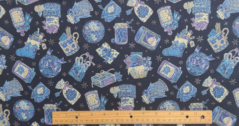 VIP Cranston Print Works - Navy Fabric / Blue, White, Gray, Silver Metallic Tossed Christmas Print