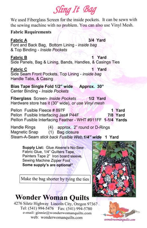 Sling It Bag Pattern #1103 by Ginnie Kelly, Wonder Woman Quilts