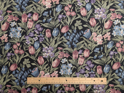 Country Side - Black Fabric / Rose, Blue, Green Spring Flower Print