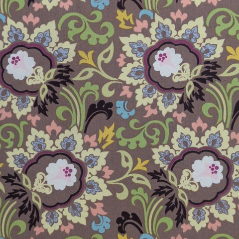 Paradise PA206 Art Gallery Fabrics - Light Brown Fabric / Plum, Yellow, Bright Green, White Flower Medallion Print
