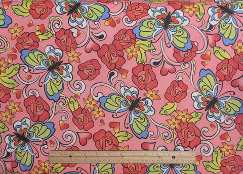 FUN-C Timeless Treasures Fabrics - Pink Fabric / Bright Pastel Stylized Rose and Butterfly Print