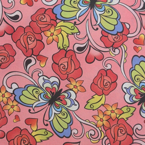 FUN-C Timeless Treasures Fabrics - Pink Fabric / Bright Pastel Stylized Rose and Butterfly Print