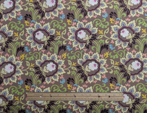 Paradise PA206 Art Gallery Fabrics - Light Brown Fabric / Plum, Yellow, Bright Green, White Flower Medallion Print
