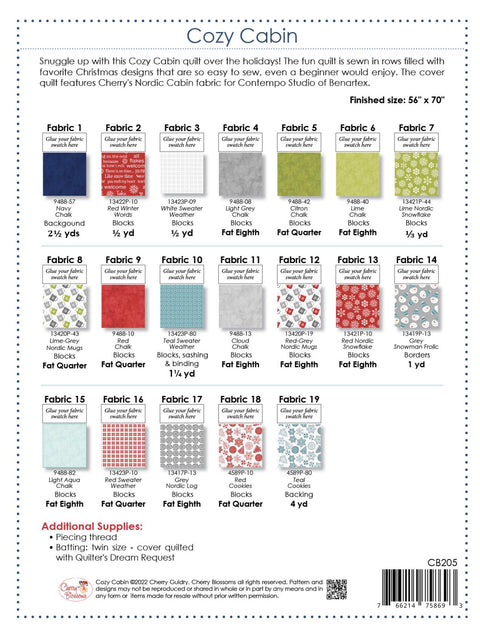 Cozy Cabin Quilt Pattern by Cherry Blossoms Design CB205 - Finished Size 56"x70"