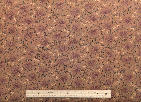 Christmas Valley 1995 by Thimbleberries for RJR Fashion Fabrics - Antique Gold Patterned Fabric / Black, Red, Tan Flower, Vine Print