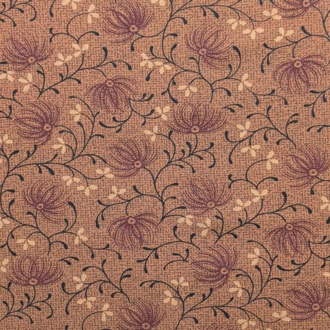 Christmas Valley 1995 by Thimbleberries for RJR Fashion Fabrics - Antique Gold Patterned Fabric / Black, Red, Tan Flower, Vine Print