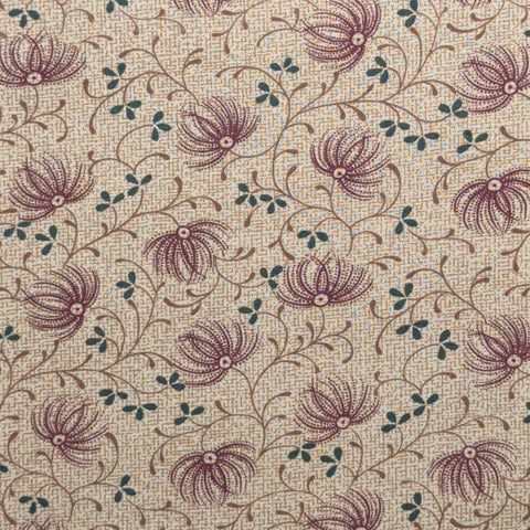Christmas Valley 1995 by Thimbleberries for RJR Fashion Fabrics - White, Antique Golden Tan Fabric / Tan, Burgundy, Teal Flower, Vine Print