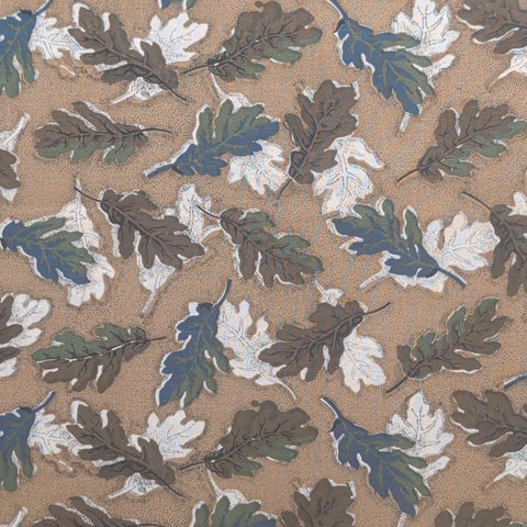 Marcus Bros Textiles - Tan Fabric, Brown Micro Dot / Brown, Green, White, Blue Tossed Oak Leaf Print