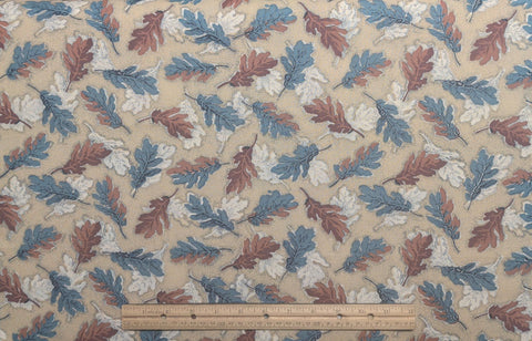Marcus Bros Textiles - Oatmeal Colored Fabric, Navy Micro Dot / Slate Blue, Rose, Brown, White Tossed Oak Leaf Print