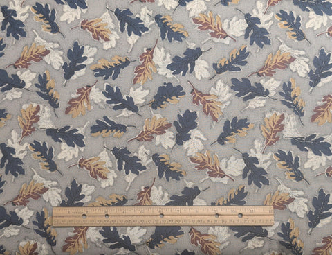 Marcus Bros Textiles - Gray Fabric, Navy Micro Dot / Navy, Tan, Brown, White Tossed Oak Leaf Print