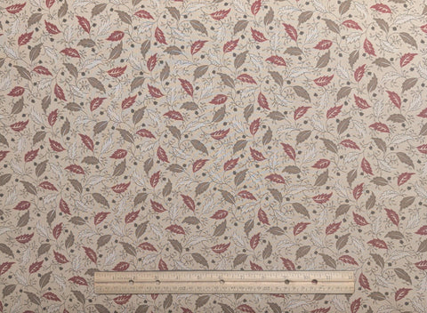 Marcus Bros Textiles - Tan Fabric / Brown, Red, Tan Leaf and Vine Print