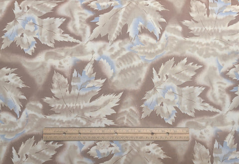 Tan, Brown, Cream, Light Blue Packed Leaf Print Fabric - Selvage to Selvage Print