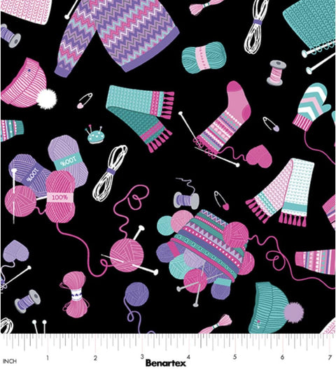 Love Ewe More Collection from Kanvas Studio for Benartex - Hand Knitting Black 14384-12