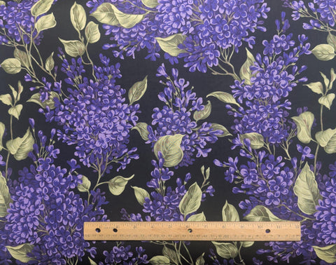 Lilac F812 Fabric Freedom London England - Black Fabric / Purple, Green Packed Lilac and Leaf Print