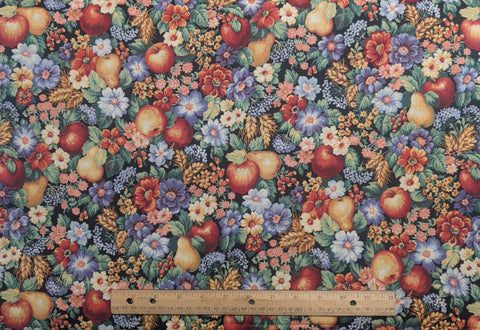 Sharon Kessler for Concord Fabrics Inc - Black Fabric / Packed Fruit, Flower, Wheat Print