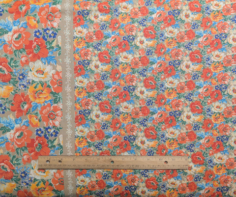 Tan Fabric / Brightly Colored Multi-Size Floral Print / 3 Sections - See Details Below - Selvage to Selvage Print