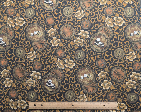 Shang Hai E967 Hoffman California International Fabrics - Black Fabric / Golden Brown, Tan, Cream Oriental Badges / Gold Metallic Accents