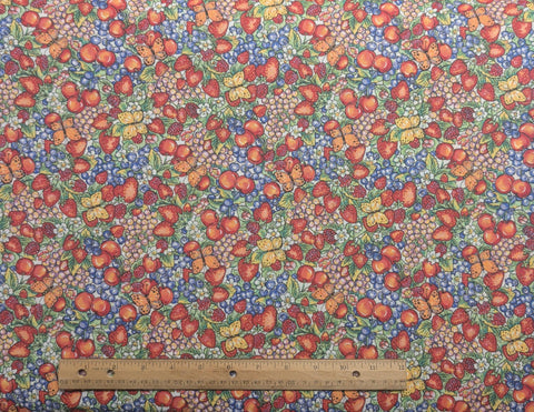 White Fabric / Red, Green, Blue, Orange, Yellow Packed Butterfly and Fruit Print