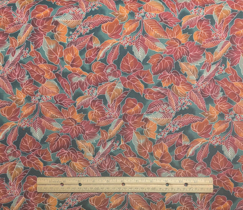 Wood Blocks Hoffman California International Fabrics - Dark Green Tonal Fabric / Rust, Orange Packed Leaf and Berry Print