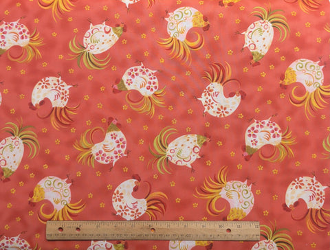 Jennifer Brinley 6793 - Coral Tonal Fabric / White, Green, Red, Gold Tossed Chicken and Flower Print