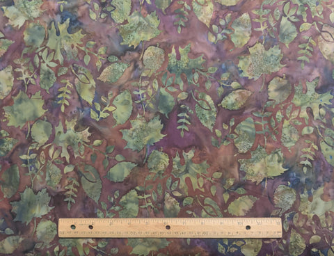 BATIK - Brown, Purple, Green Patterned Fabric / Leaf Tjap
