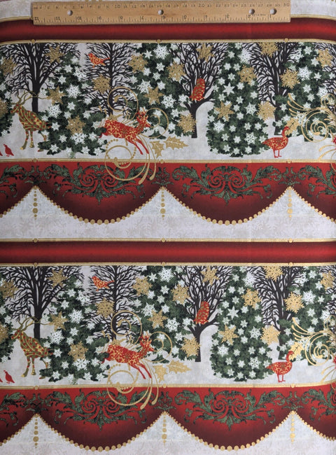 Winter Menagerie by Jason Yenter In the Beginning Fabrics 2012 - Red, White, Gold Metallic Border Stripe Fabric