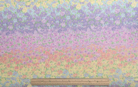 Rainbow Gardens Hoffman International Fabrics - Pink, Yellow, Blue, Lavender Horizontal Packed Flower Stripe Fabric