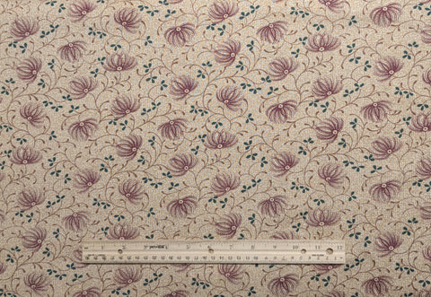 Christmas Valley 1995 by Thimbleberries for RJR Fashion Fabrics - White, Antique Golden Tan Fabric / Tan, Burgundy, Teal Flower, Vine Print